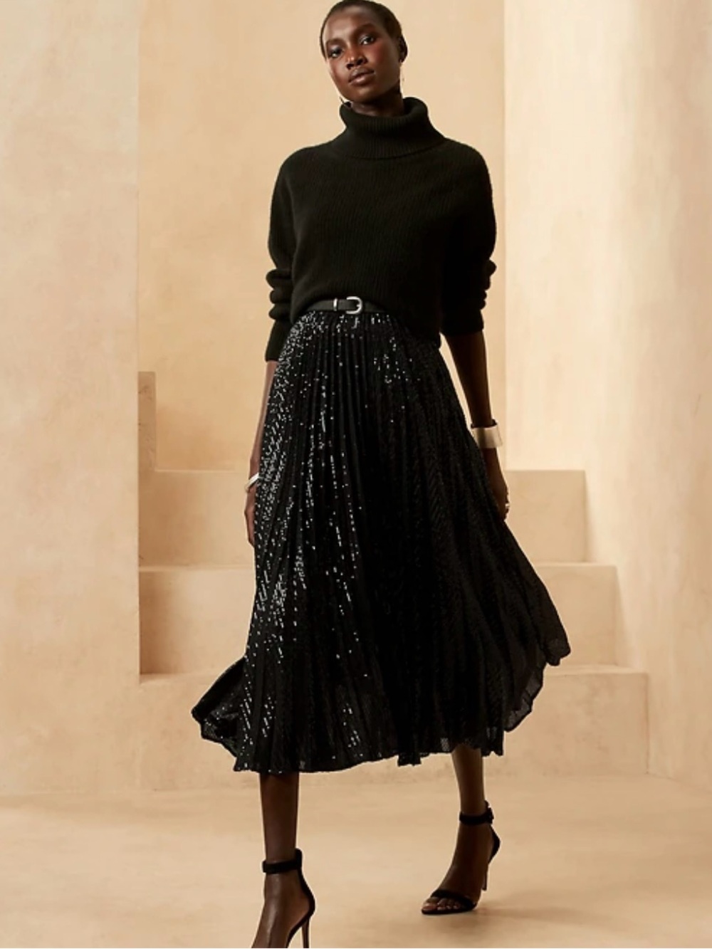 Banana Republic Pleated Black Classy Sequin A-LineMidi Flowy Skirt Holiday
